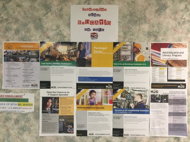 Signs at the drop-in center advertise a host of services. But for many, housing is the most critical need. (Photo credit: Kinder Institute/Leah Binkovitz)